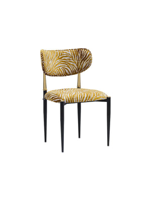Sedia da pranzo Zebra vista di tre quarti, velluto zebrato oro e gambe in metallo nero
