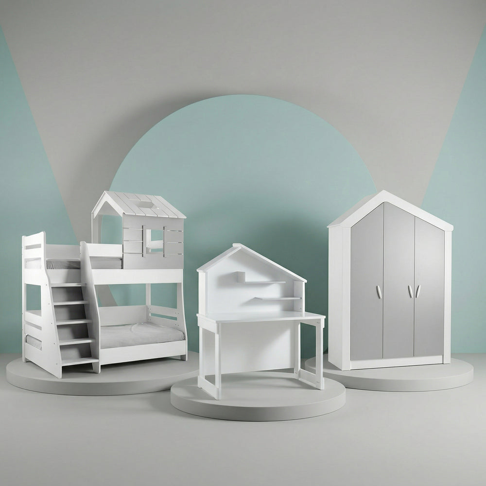 Camera Completa White House: Letto a Castello, Armadio 3 Ante e Scrivania + Materasso in Omaggio